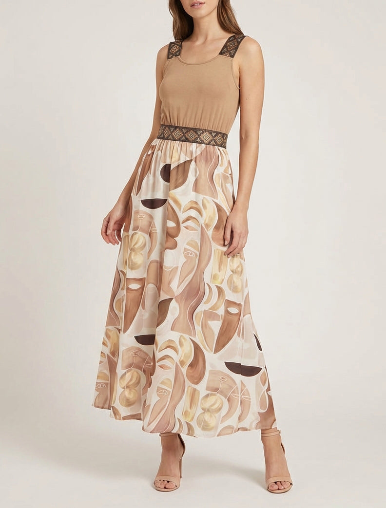 Robe fluide col rond à bretelles pailletées - Camel