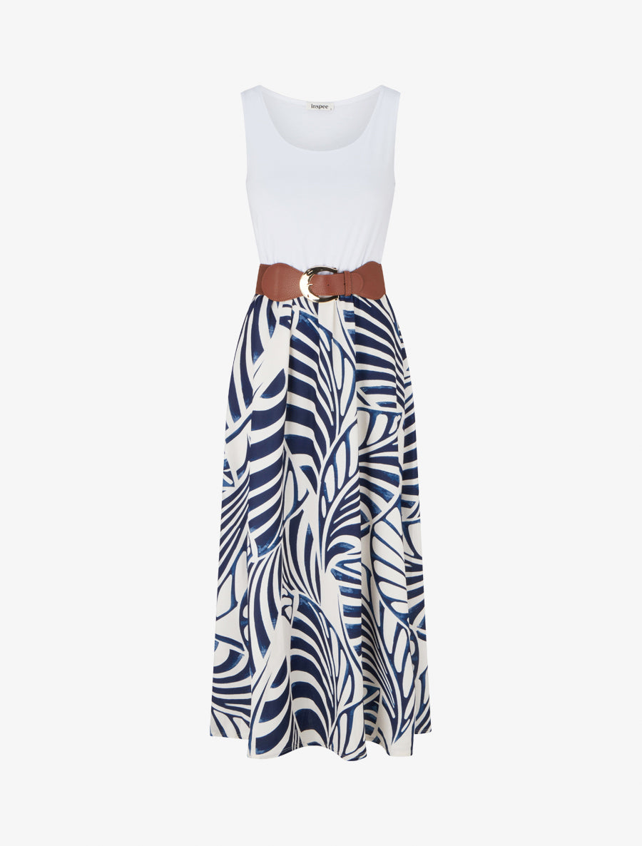 Robe longue sans manches imprimé feuilles - Marine - 1