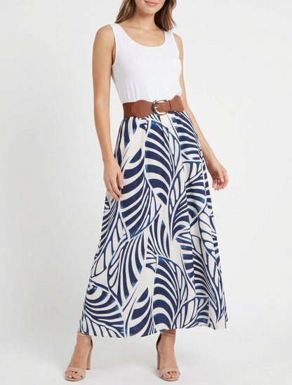 Robe longue évasée imprimé feuilles - Marine