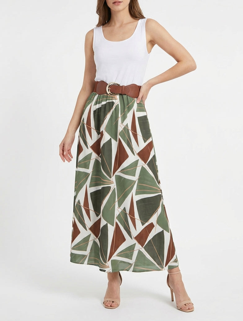 Robe longue évasée imprimée - Kaki