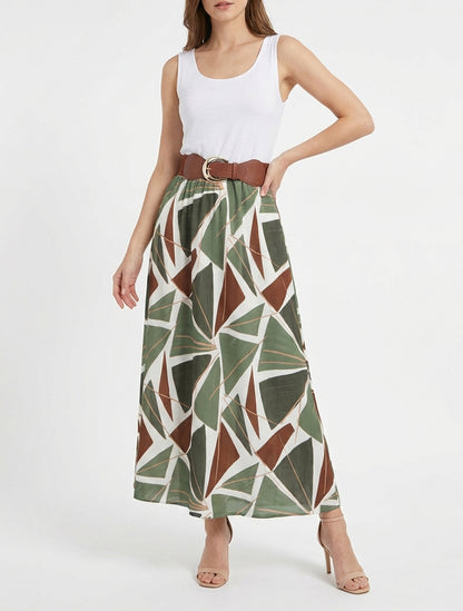 Robe longue évasée imprimée - Kaki