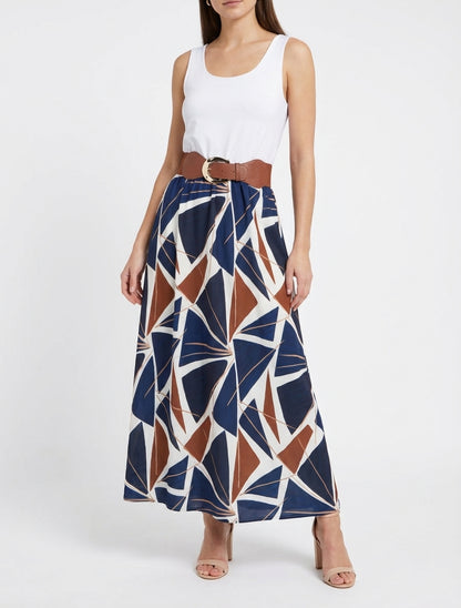 Robe longue évasée à ceinture - Marine