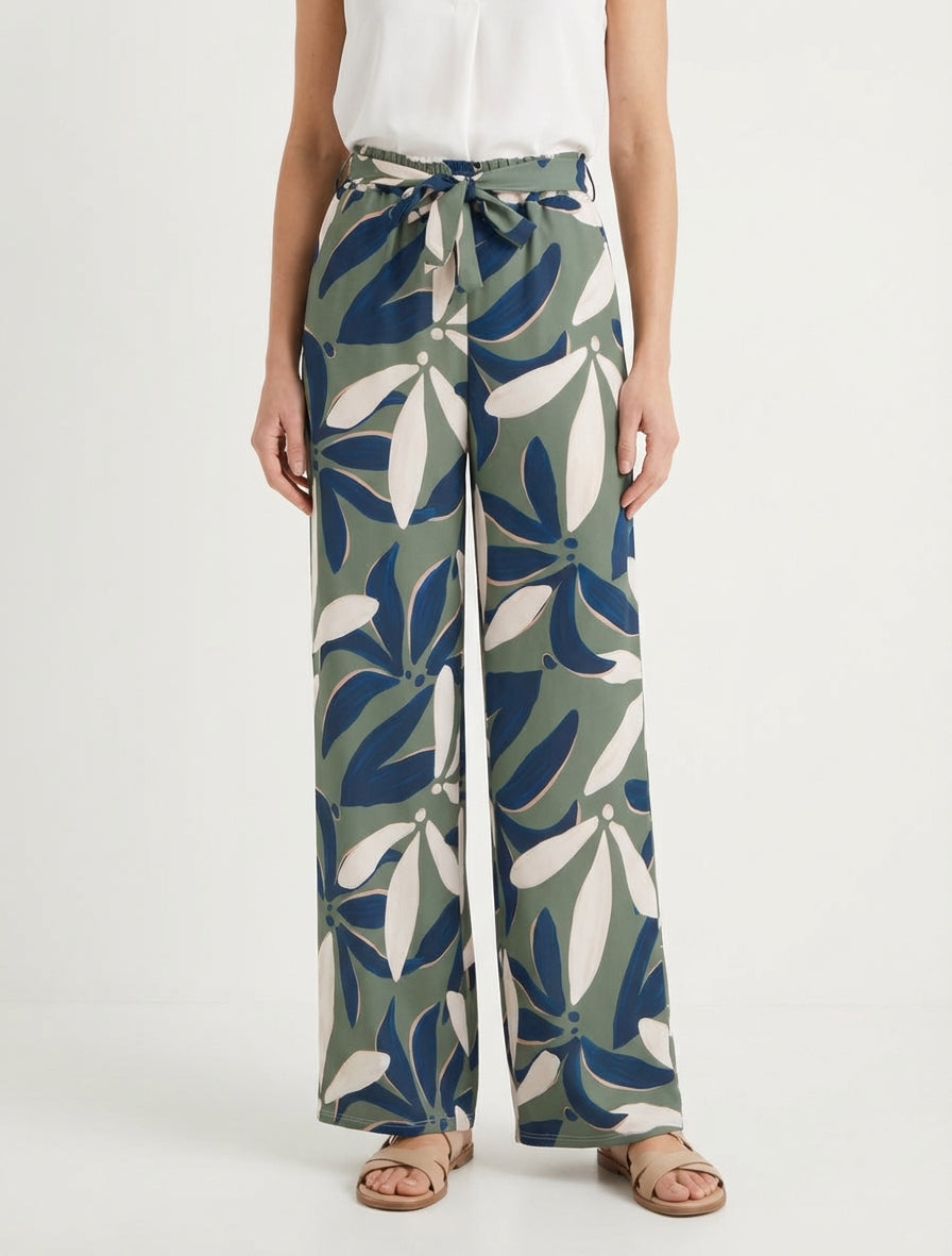 Pantalon fluide taille haute floral - Kaki