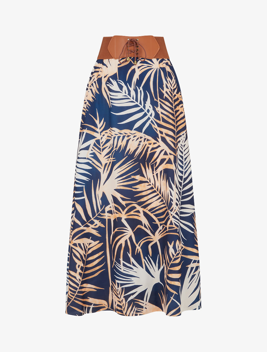 Jupe longue imprimé feuillage - Marine - 1