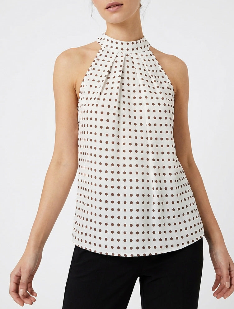 Top fluide col montant à pois - Beige