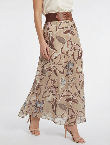 Jupe longue taille corset à imprimé fleuri - Beige