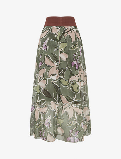 Jupe longue imprimé fleuri à rayures irisées - Kaki - 2