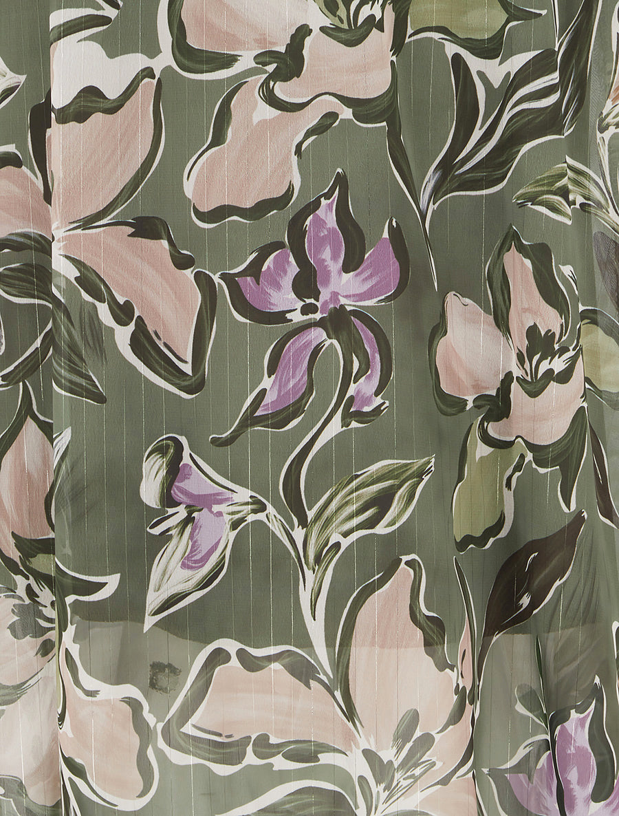 Jupe longue imprimé fleuri à rayures irisées - Kaki - 3