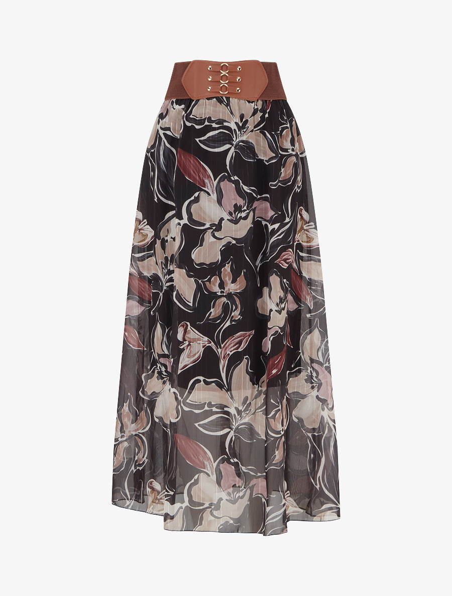 Jupe longue imprimé fleuri à rayures irisées - Noir - 1