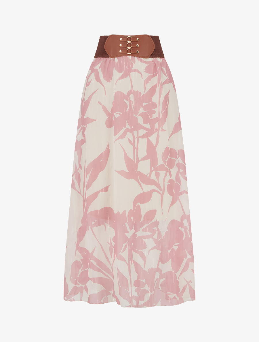 Jupe longue imprimé floral à rayures irisées - Rose - 1