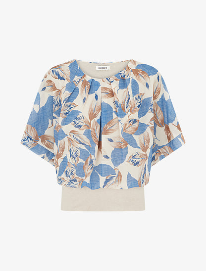 Top imprimé feuillage à manches courtes - Bleu - 1