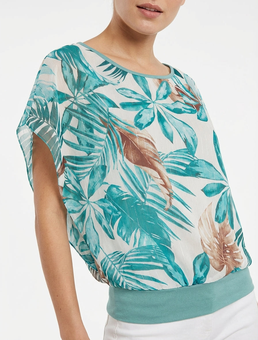 Top boule col rond imprimé tropical - Turquoise