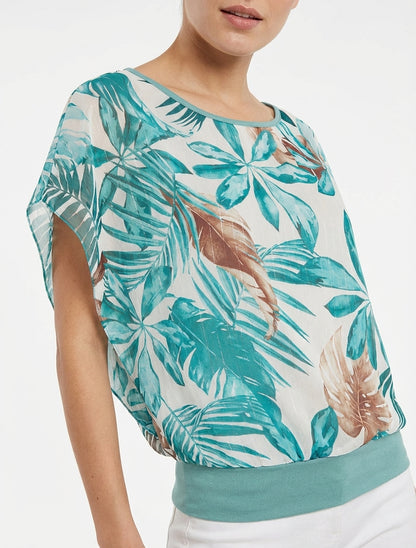 Top boule col rond imprimé tropical - Turquoise
