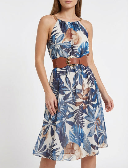 Robe à bretelles chaînes imprimé tropical - Marine