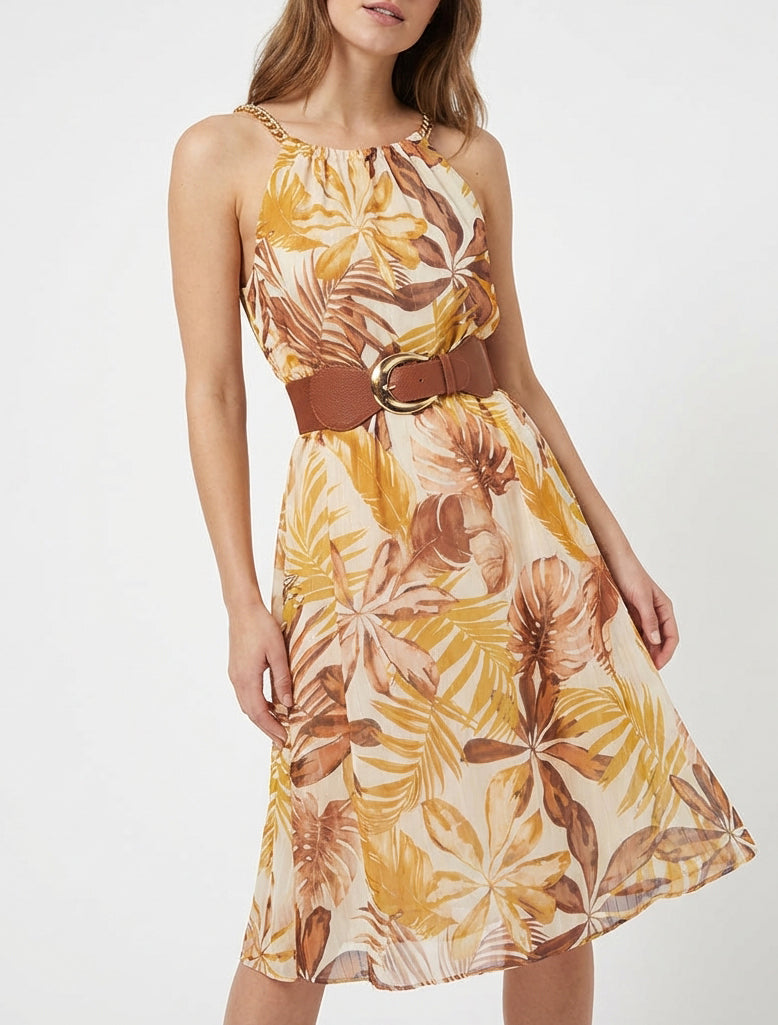 Robe fluide col américain tropical - Jaune moutarde