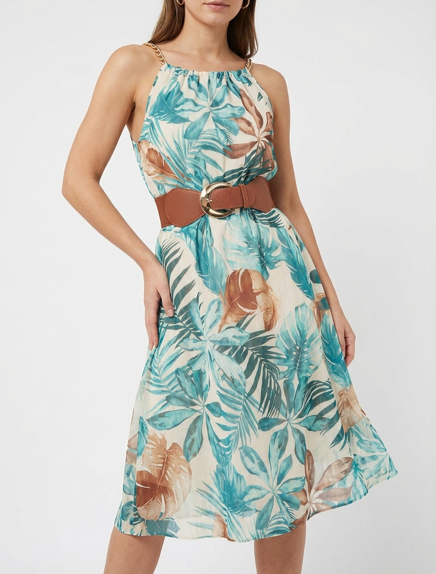 Robe fluide col américain imprimé tropical - Turquoise