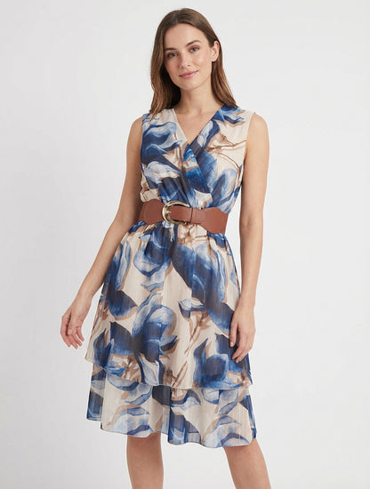 Robe patineuse col cache-cœur fleurie - Marine