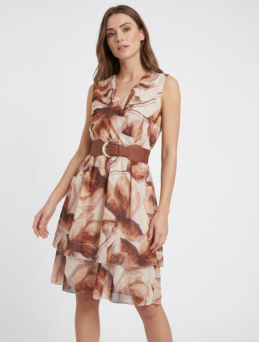 Robe patineuse sans manches imprimé grandes fleurs - Marron