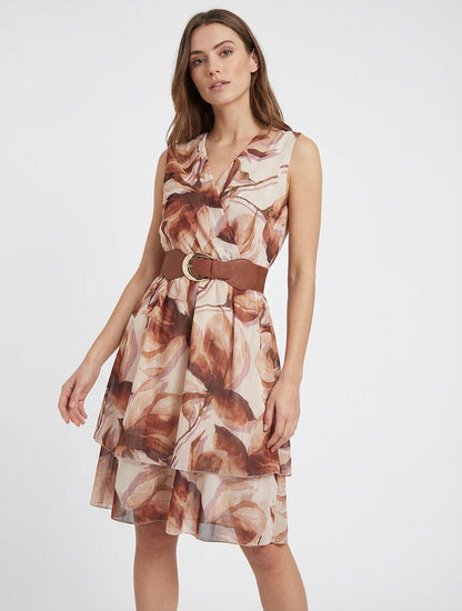 Robe patineuse sans manches imprimé grandes fleurs - Marron