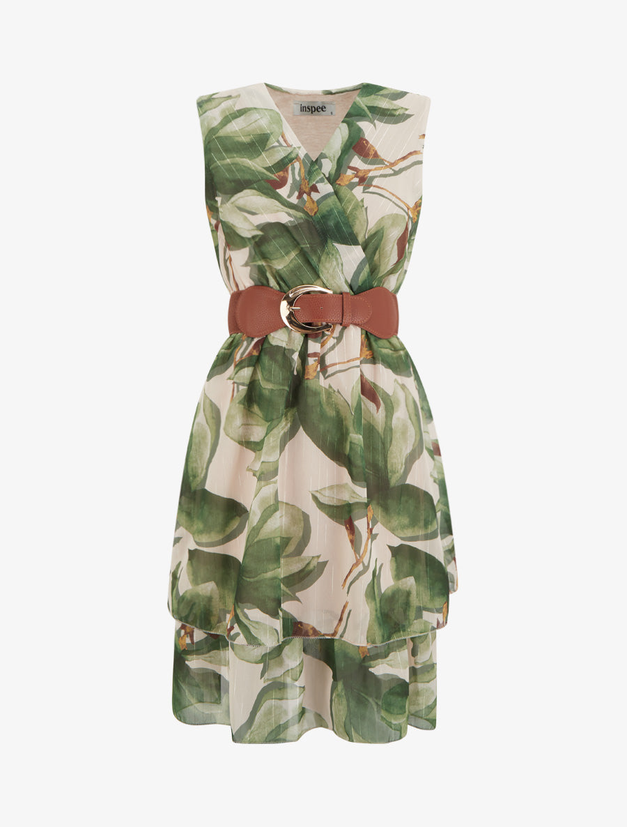 Robe patineuse sans manches imprimé grandes fleurs - Kaki - 1