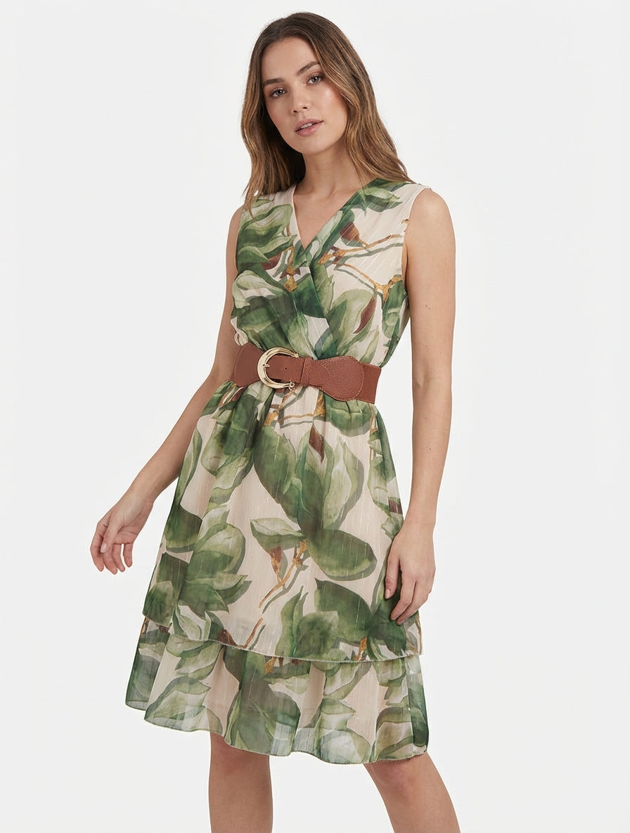 Robe patineuse col cache-cœur fleurie - Kaki