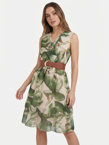 Robe patineuse col cache-cœur fleurie - Kaki