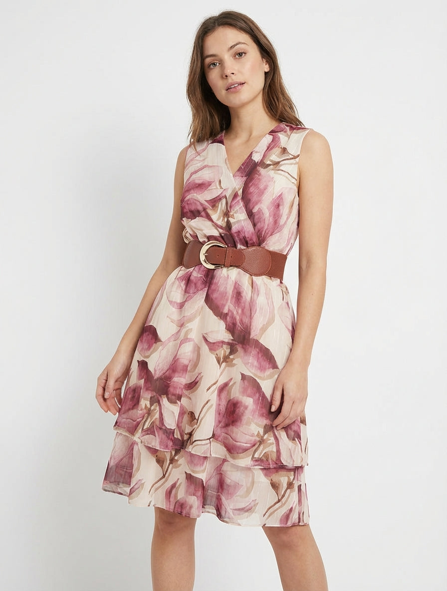 Robe patineuse col cache-cœur fleurie - Vieux rose