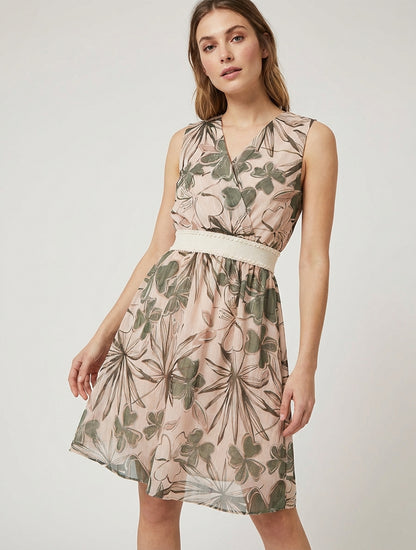 Robe patineuse col cache-cœur fleuri - Kaki