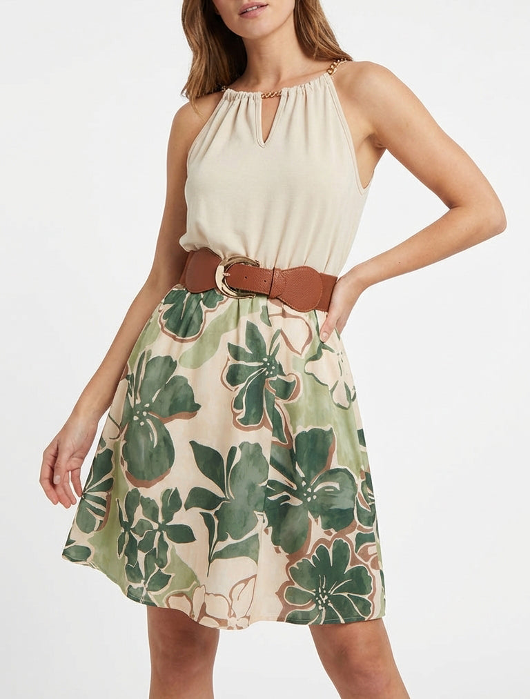 Robe fluide à col américain ajouré - Kaki