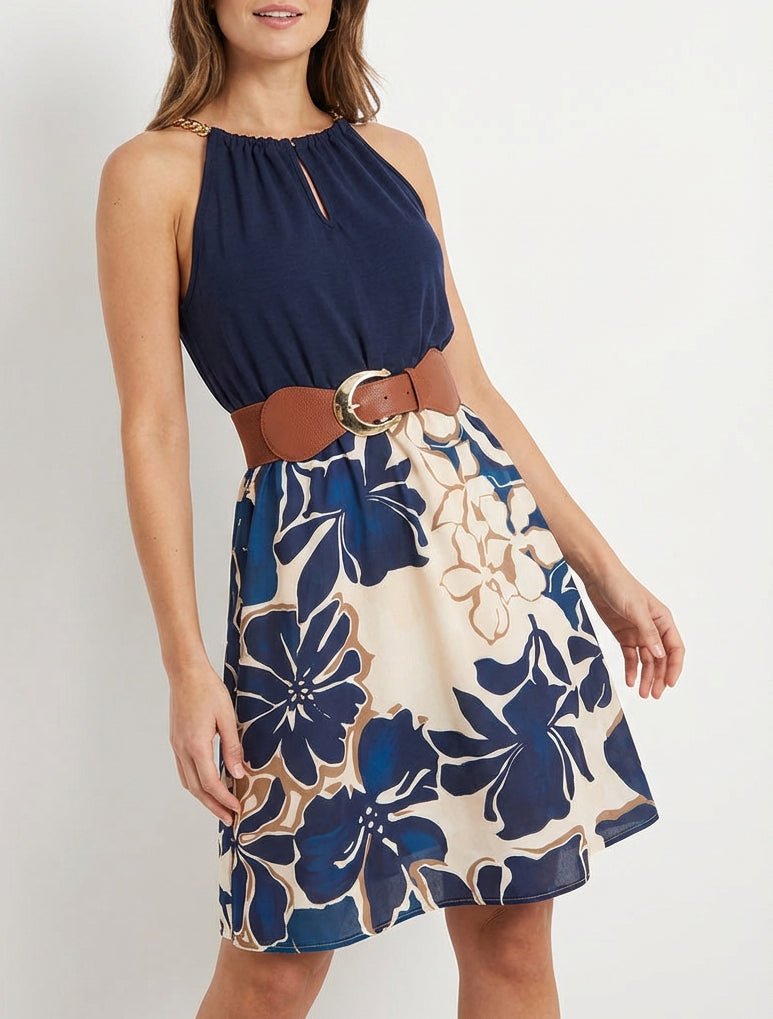 Robe fluide taille élastiquée fleurs - Marine