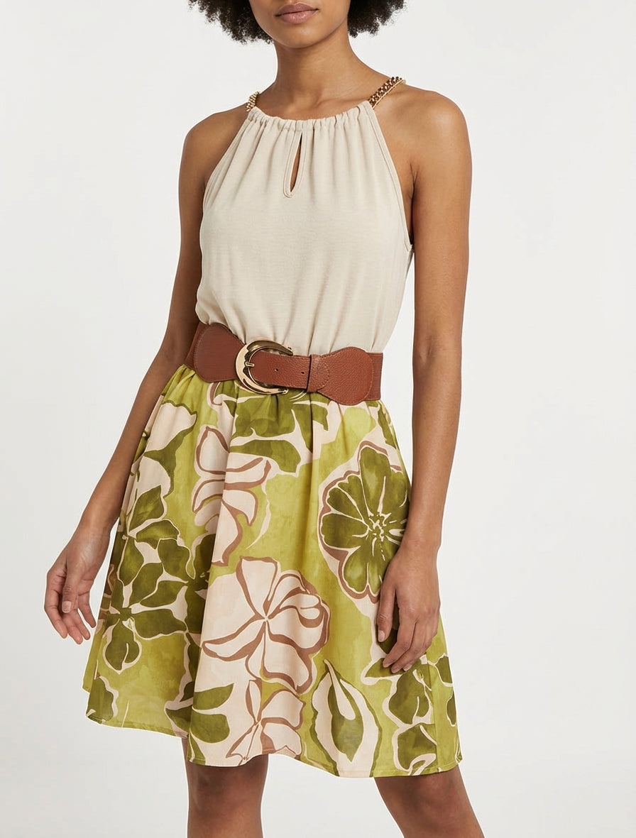 Robe fluide col ajouré imprimé floral - Vert olive