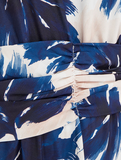 Robe imprimé feuillage à taille élastiquée - Marine - 3