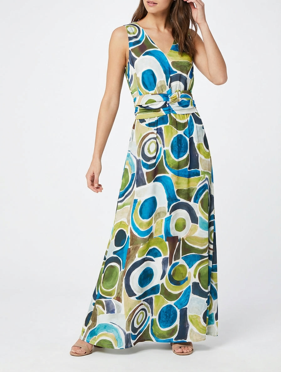 Robe fluide col V sans manches - Bleu canard