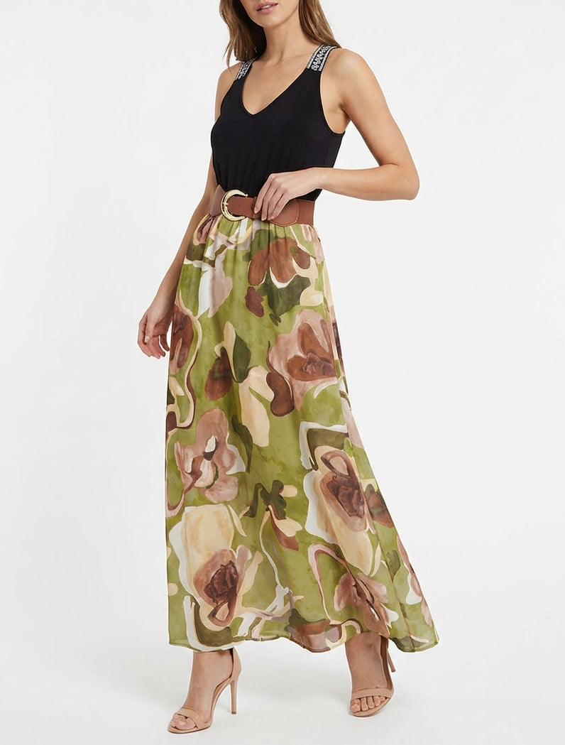 Robe longue col V ceinturée - Vert olive