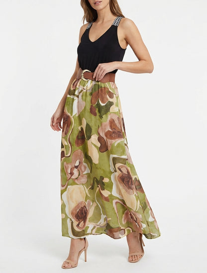 Robe longue col V ceinturée - Vert olive