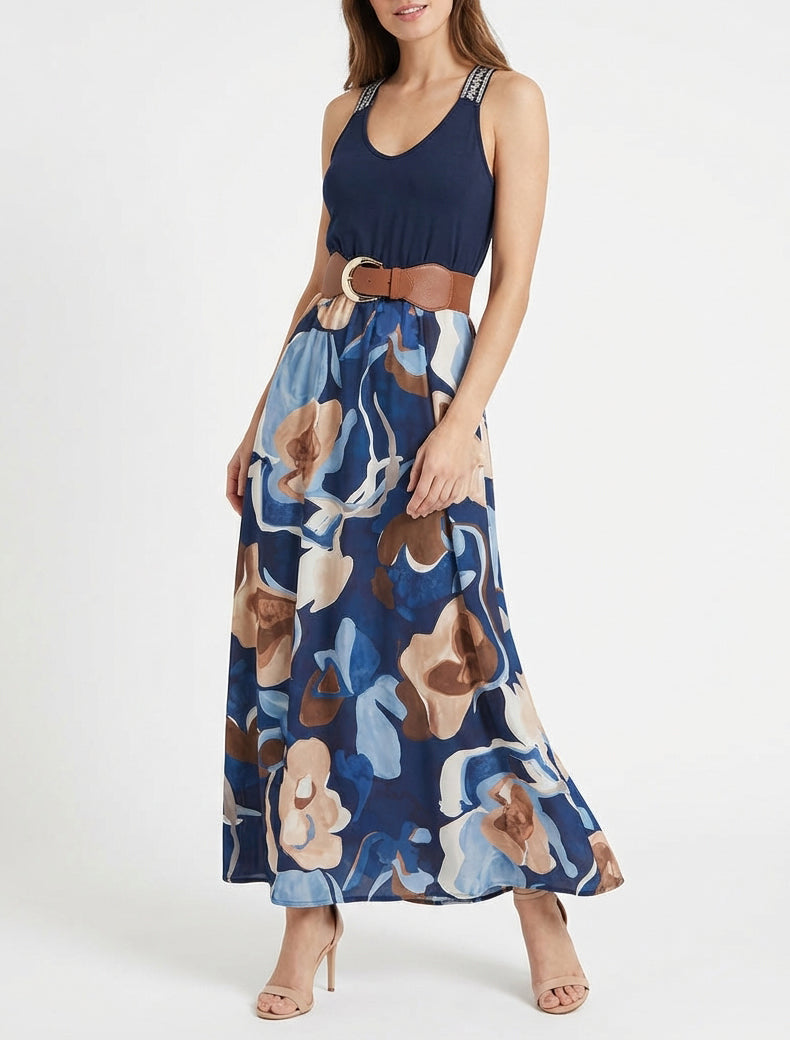Robe longue col V ceinturée - Marine