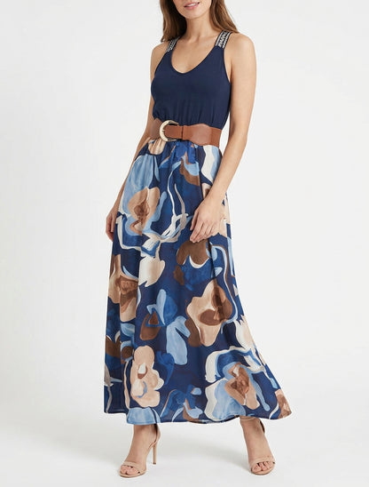Robe longue col V ceinturée - Marine
