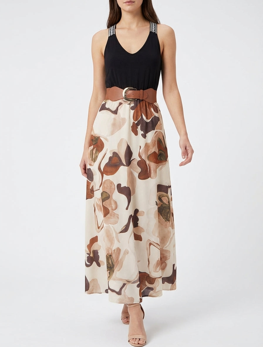 Robe longue col V ceinturée - Beige