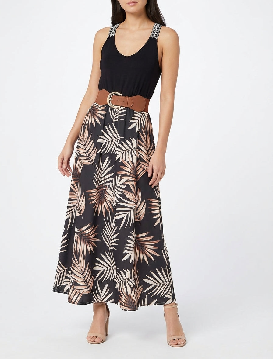 Robe longue col V à bretelles brodées - Noir