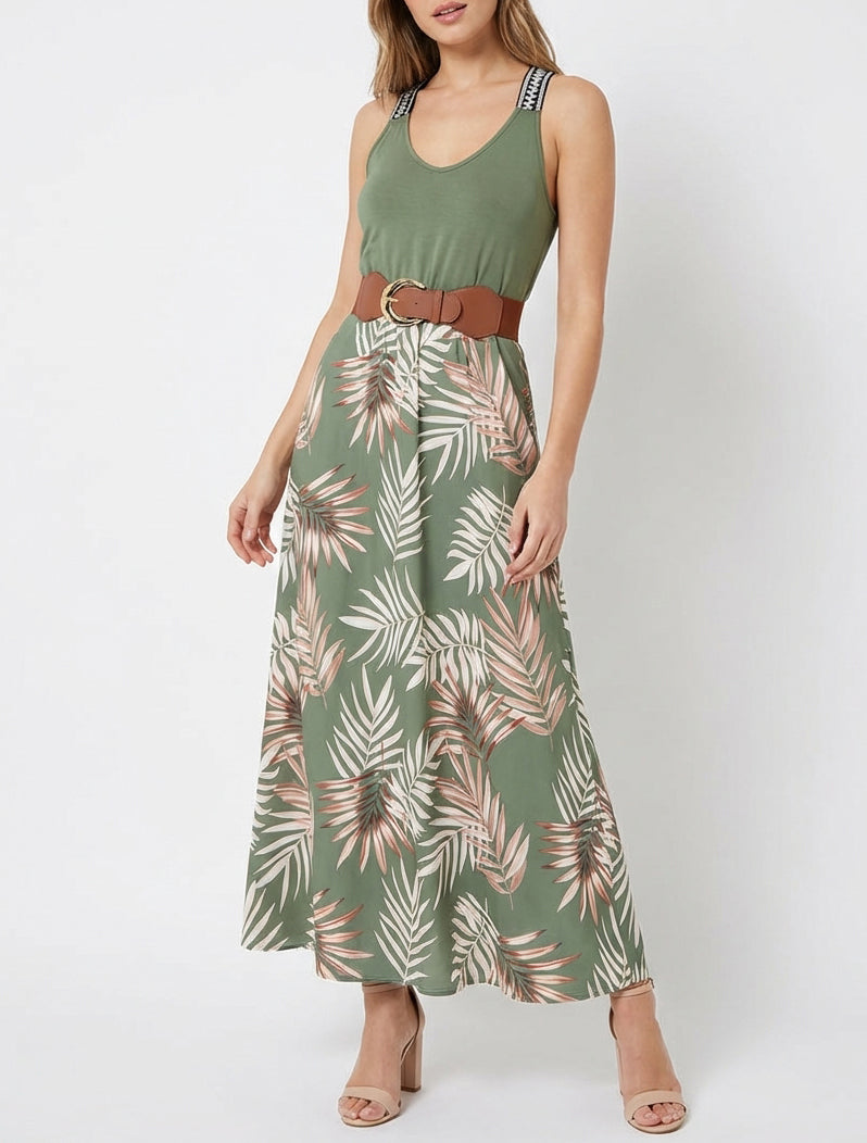 Robe longue col V brodé - Kaki