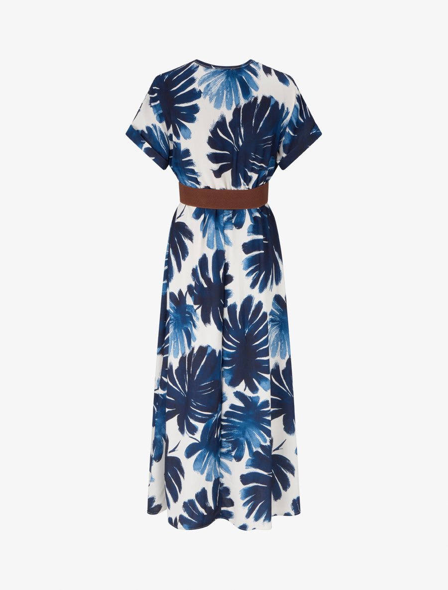 Robe longue manches courtes imprimé feuillage - Marine - 2