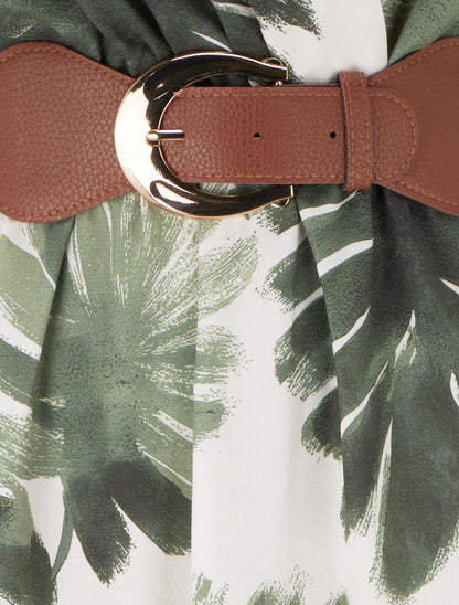 Robe longue manches courtes imprimé feuillage - Kaki - 3