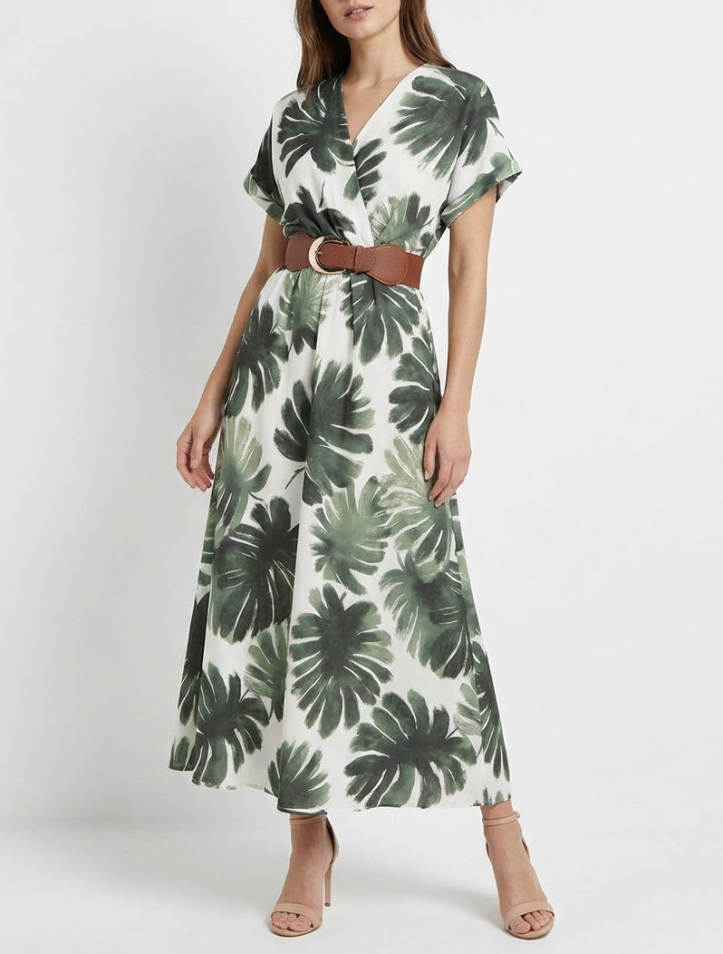 Robe longue manches courtes imprimé feuillage - Kaki