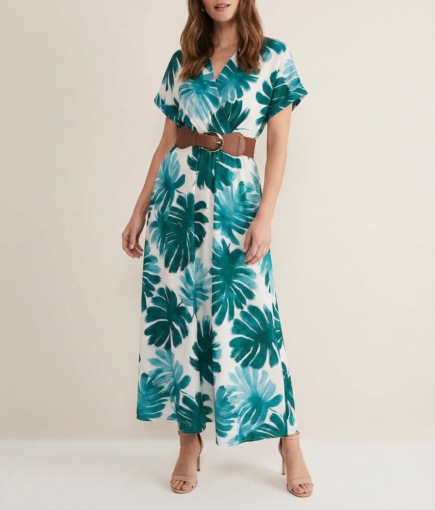 Robe longue cache-cœur à ceinture - Vert foncé