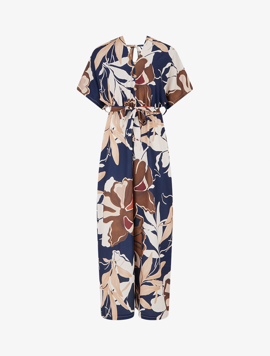 Combinaison imprimé floral à taille élastiquée - Marine - 1