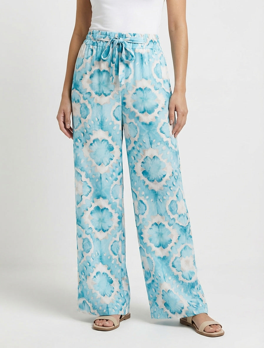 Pantalon fluide taille haute à nouer - Turquoise
