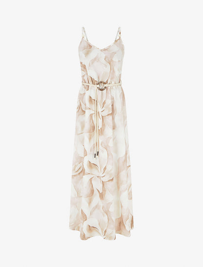 Robe longue imprimé floral à taille élastiquée - Beige