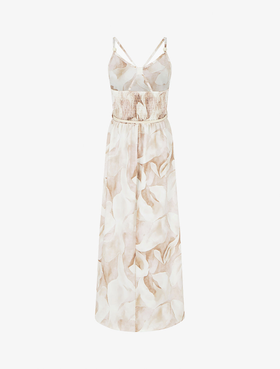 Robe longue imprimé floral à taille élastiquée - Beige