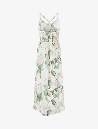 Robe longue imprimé floral à taille élastiquée - Vert - 2