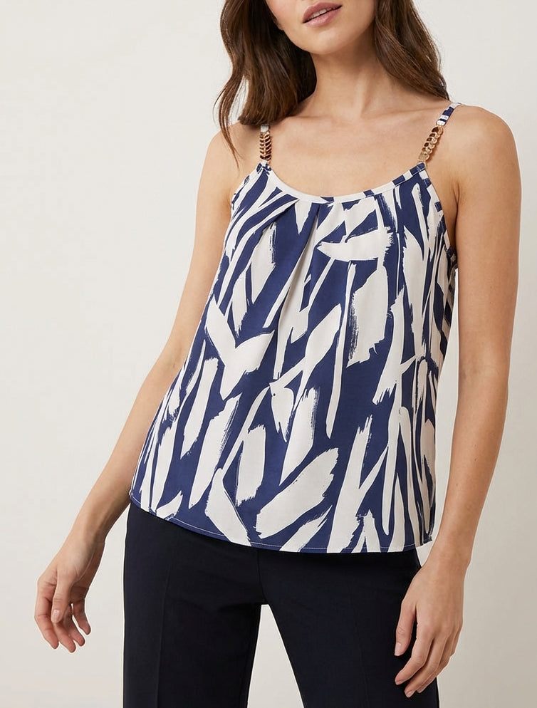 Caraco fluide col plissé à bretelles bijoux - Marine